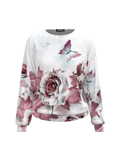 Bluza alba cu print floral tip hanorac din catifea CMD510 - Img 1