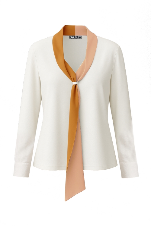 Bluza alba din vascoza cu guler bej tip esarfa