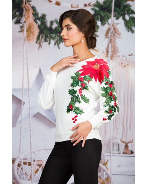 Bluza alba tip hanorac din catifea cu imprimeu Poinsettia CMD1623 - Img 5