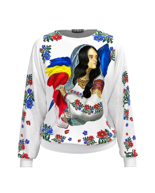 Bluza alba tip hanorac din catifea cu imprimeu Romancuta CMD3759