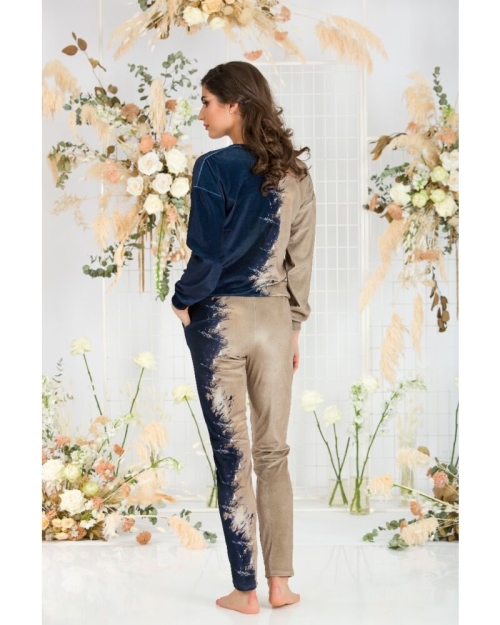 Bluza bej cu bleumarin tip hanorac din catifea CMD429 - Img 6