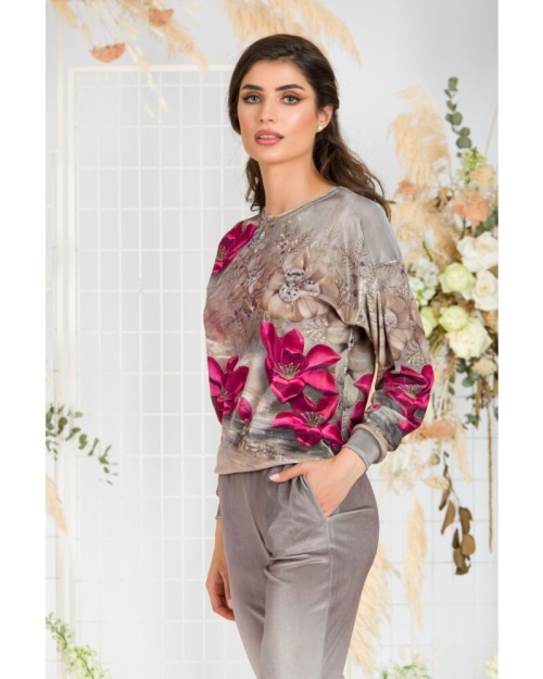 Bluza bej cu imprimeu floral tip hanorac din catifea CMD512 - Img 2