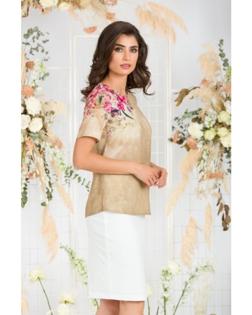 Bluza bej de vara cu maneca scurta si imprimeu floral CMD760 - Img 2