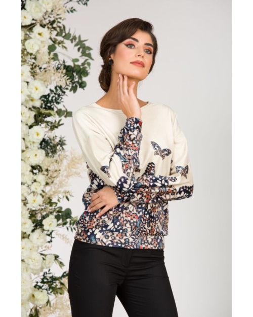 Bluza bej tip hanorac din catifea cu imprimeu fluturi CMD1704 Stoc - Img 4