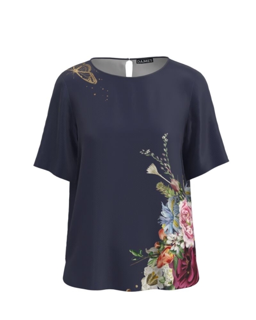 Bluza bleumarin cu maneca scurta imprimata cu model floral CMD3589
