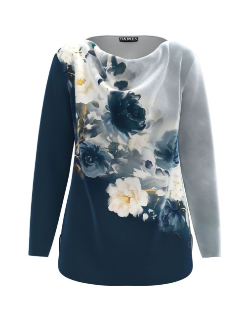 Bluza bleumarin in degrade din catifea cu imprimeu floral CMD4733