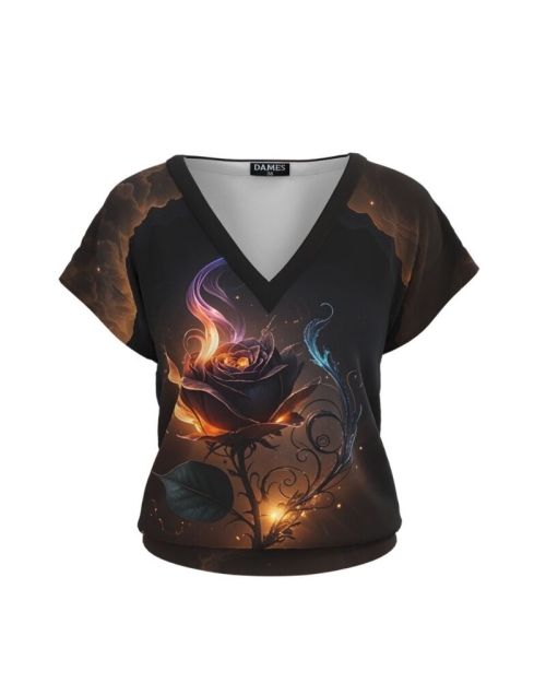 Bluza din catifea cu decolteu in V imprimata trandafir AW24 - Img 1