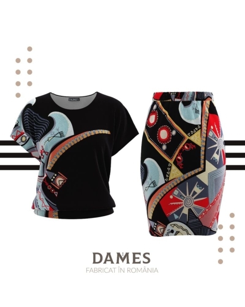 Bluza din catifea cu imprimeu multicolor si maneca scurta CMD678 - Img 2