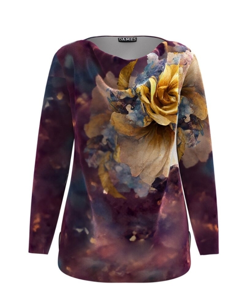 Bluza in nuante mov visiniu in degrade din catifea cu imprimeu floral CMD4714
