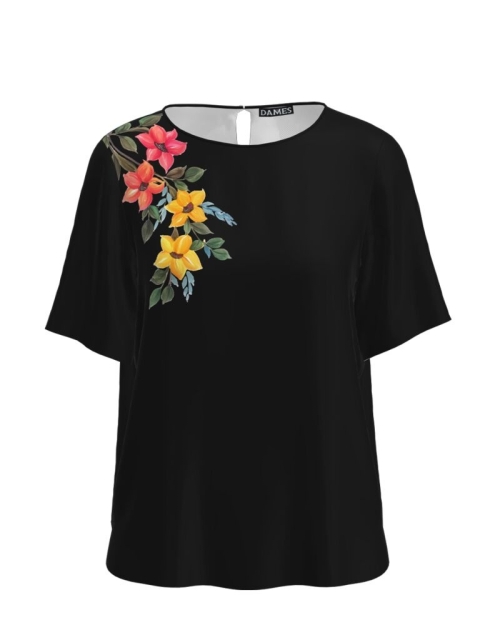Bluza neagra cu maneca scurta imprimata floral CMD4547