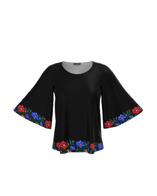 Bluza neagra cu maneci tip fluture imprimata cu motive traditionale CMD3425