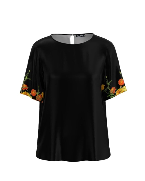 Bluza neagra de vara cu maneca scurta si imprimeu floral CMD761