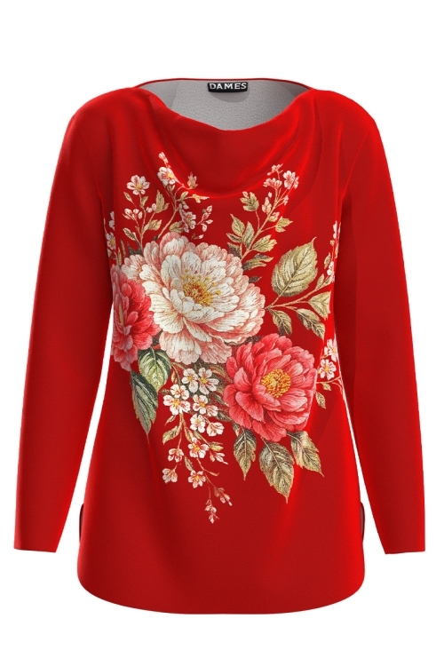 Bluza rosu corai din catifea cu imprimeu floral