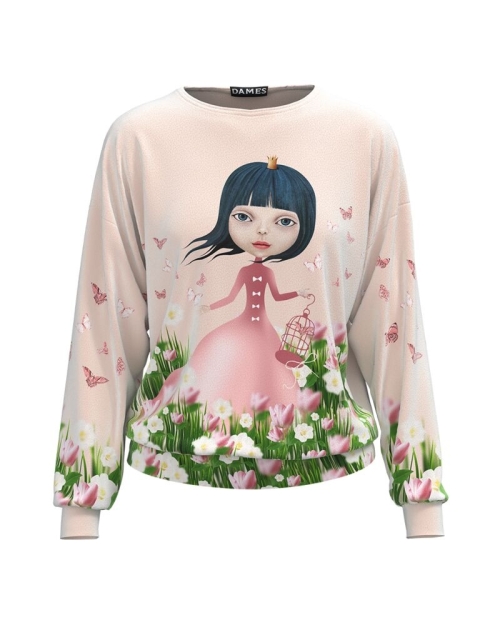 Bluza roz tip hanorac din catifea cu imprimeu Fetita CMD2493