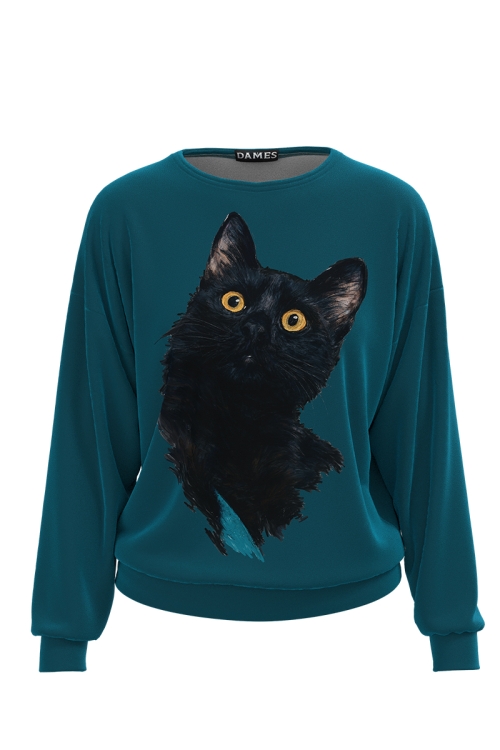 Bluza tip hanorac din catifea cu imprimeu Pisica Neagra