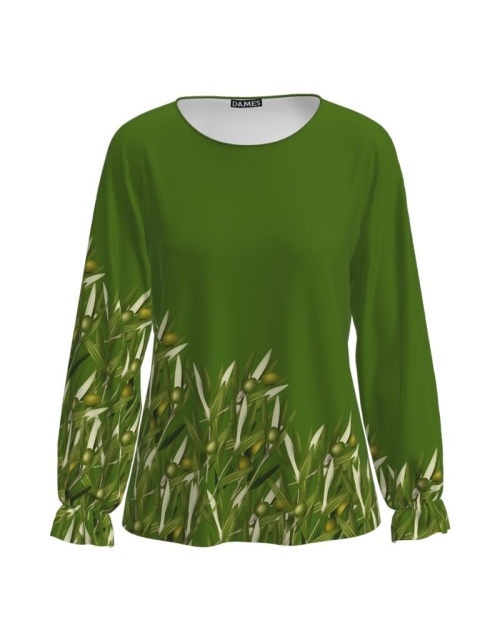 Bluza verde cu maneca lunga imprimata ramuri de maslin CMD1949 - Img 1