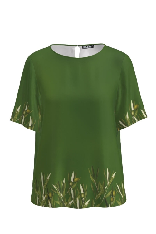 Bluza verde cu maneca scurta imprimata cu model ramuri de maslin CMD3028 - Img 2