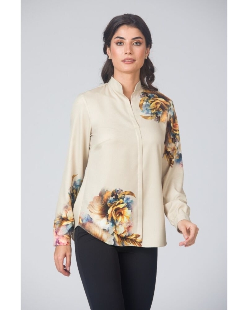 Camasa de dama bej cu guler tunica imprimata floral CMD4868 - Img 1