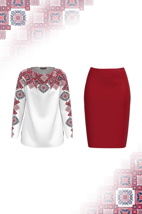Compleu elegant dama bluza catifea si fusta rosie