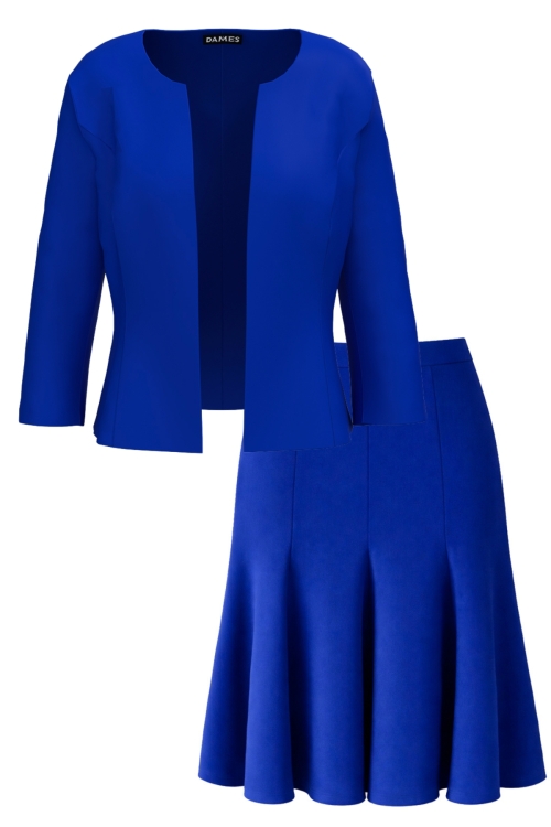Costum albastru cu fusta in clini si sacou elegant cambrat