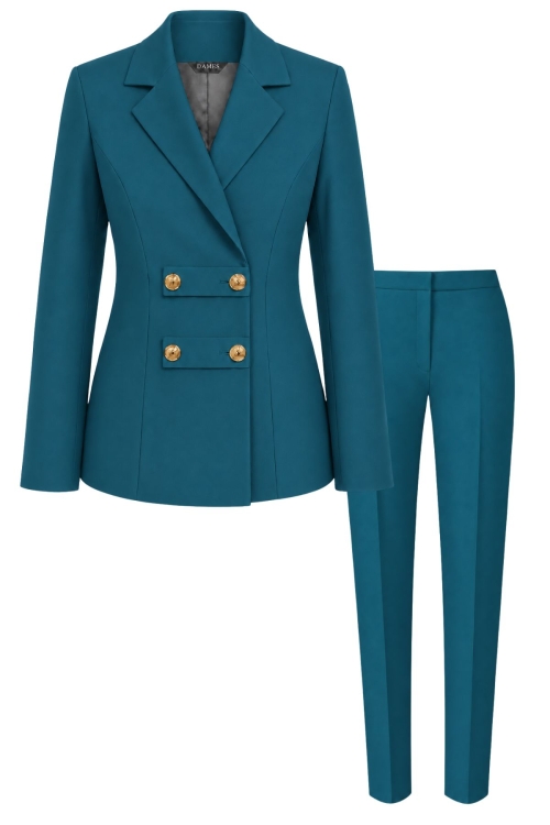 Costum elegant albastru turcoaz cu sacou military si pantaloni conici