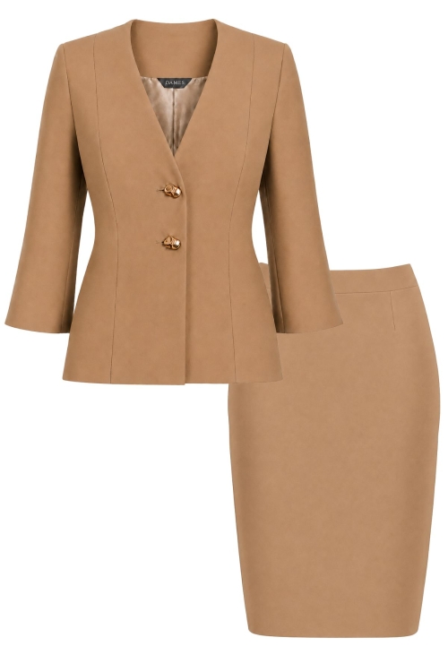 Costum elegant sacou cu maneca trei sferturi si fusta conica bej Tivoli