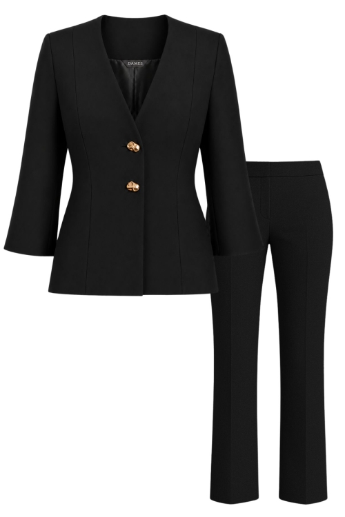 Costum elegant sacou cu maneca trei sferturi si pantalon drept negru Tivoli