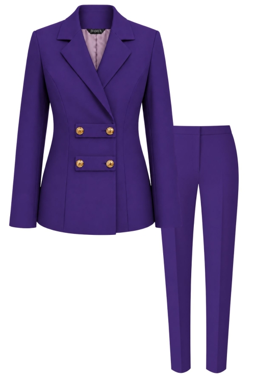 Costum elegant violet cu sacou military si pantaloni conici