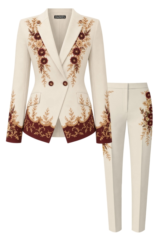 Costum ivory pantalon si sacou cu imprimeu Royal Garden