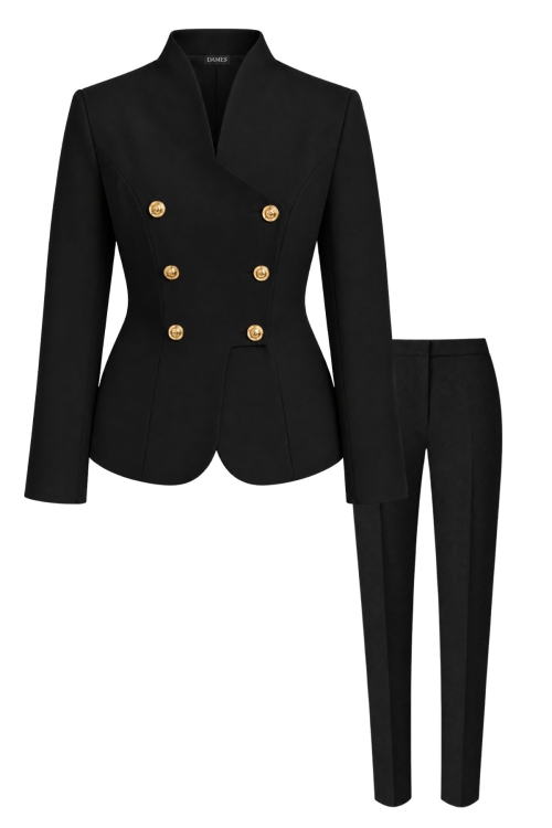 Costum negru elegant premium cu sacou asimetric si pantaloni conici
