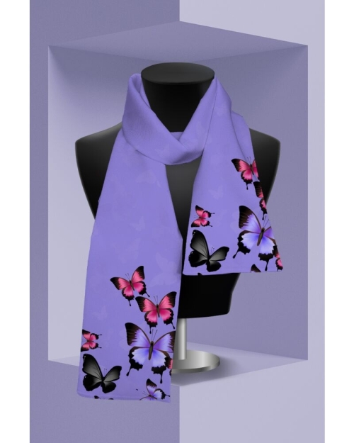 Esarfa subtire violet imprimata cu model Fluturi CMD2513