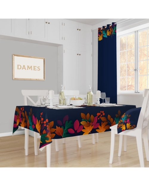 Fata de masa bleumarin din satin imprimat cu model frunze CMD3544 - Img 1