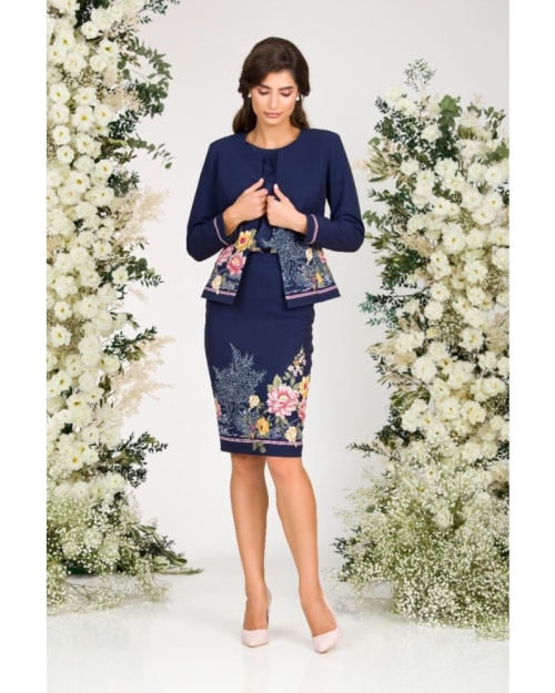 Fusta conica bleumarin imprimata cu model floral CMD2758 - Img 1