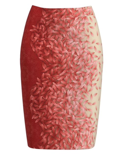 Fusta conica groasa in nuante de rosu imprimata cu model floral CMD3270