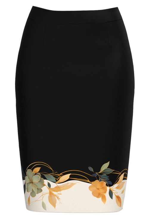 Fusta conica neagra imprimata cu model floral Camelii