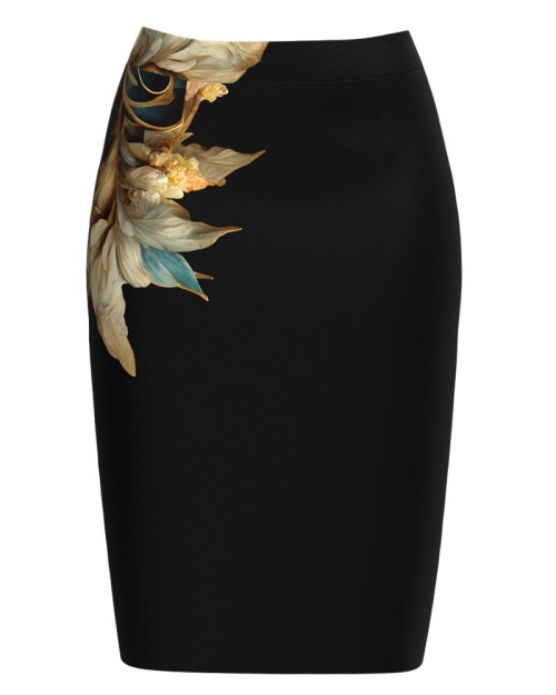 Fusta conica neagra imprimata cu model floral CMD4744