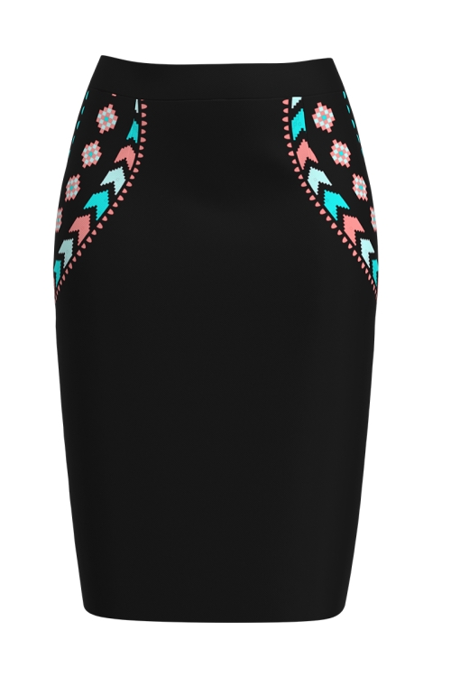 Fusta conica neagra imprimata cu model traditional multicolor
