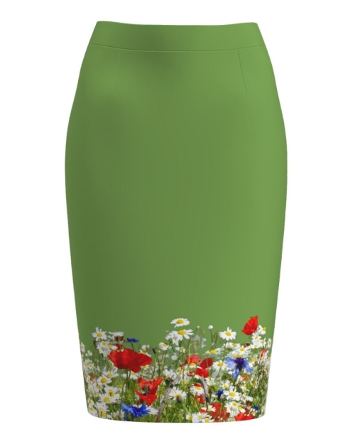Fusta conica verde imprimata cu model Flori de camp CMD1070