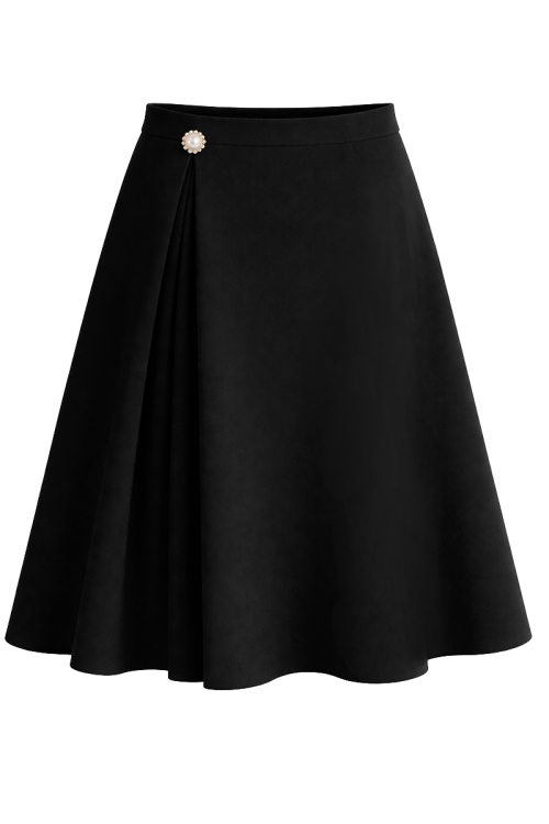Fusta neagra in clos cu pliuri si nasture bijuterie