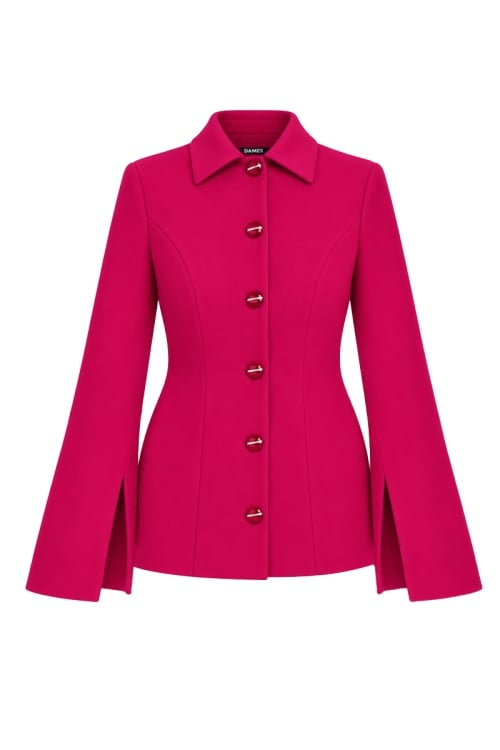 Jacheta dama din stofa fucsia cu maneca clopot despicata