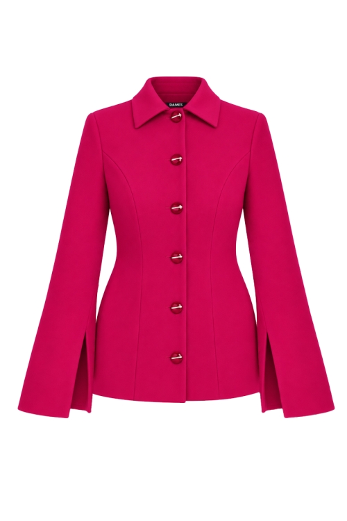 Jacheta dama din stofa groasa fucsia cu maneca clopot despicata