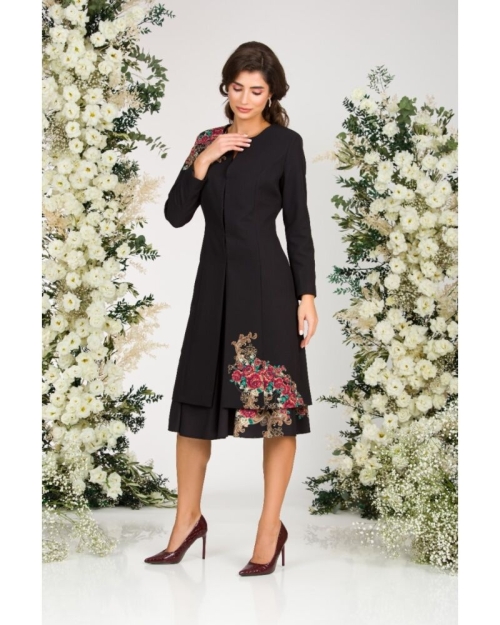 Jacheta de dama lunga neagra imprimata cu model floral CMD1168 - Img 4
