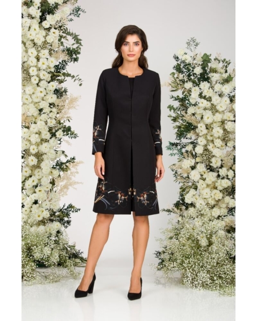 Jacheta de dama lunga, neagra imprimata cu model floral crini