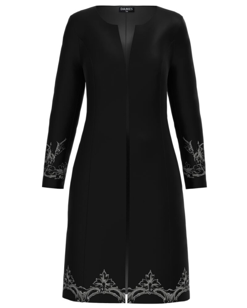 Jacheta de dama neagra lunga imprimata cu model floral CMD1228
