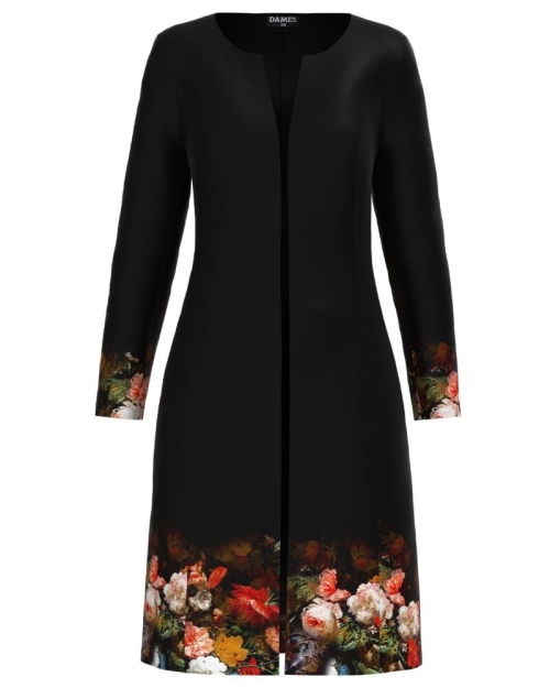 Jacheta de dama neagra lunga imprimata cu model floral CMD2461