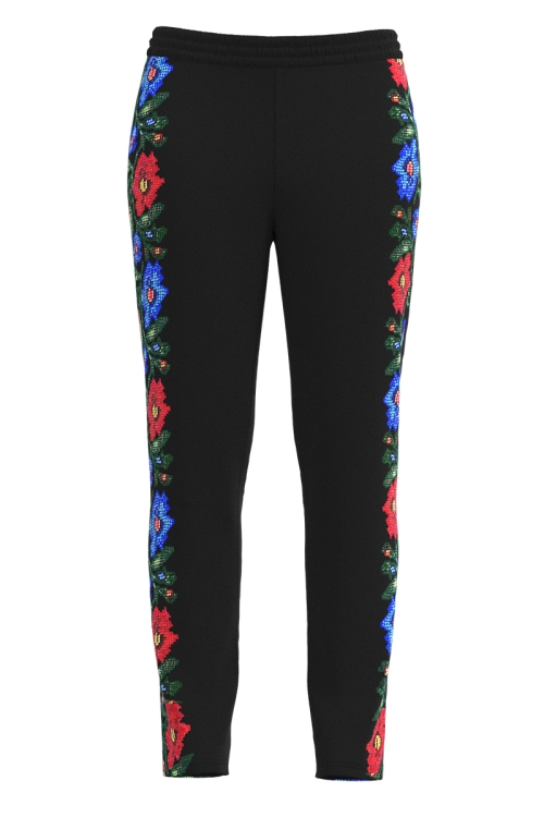 Pantaloni negri din catifea cu buzunare imprimati traditional