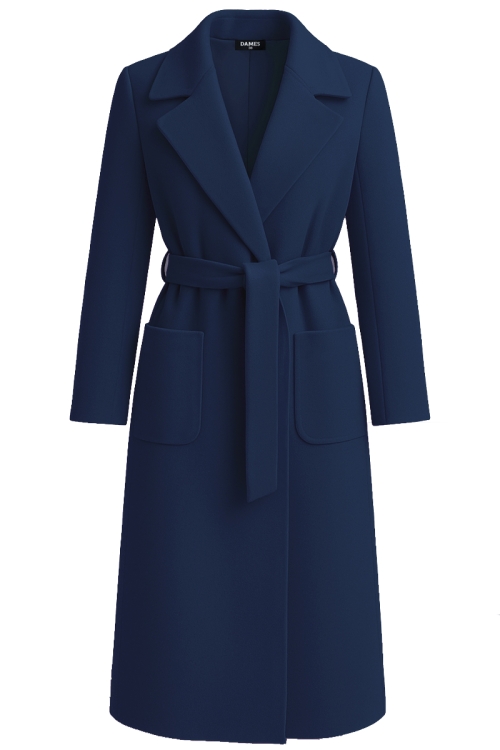 Pardesiu lung elegant bleumarin din stofa groasa cu cordon in talie