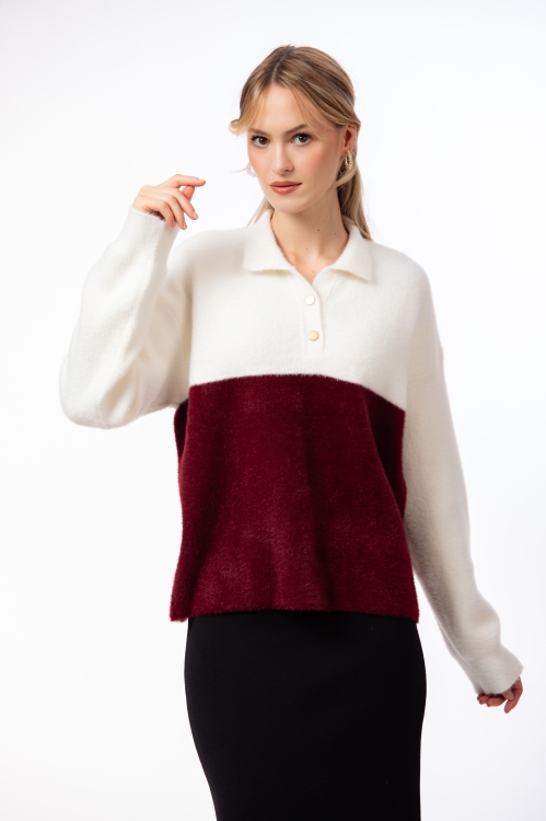Pulover tricotat alb burgundy cu guler si nasturi - Img 2