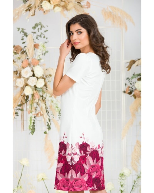 Rochie alba casual cu maneca scurta imprimata Trandafiri CMD743 - Img 8