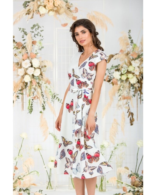 Rochie alba eleganta de vara cu maneca scurta si imprimeu Fluturi CMD740 - Img 4